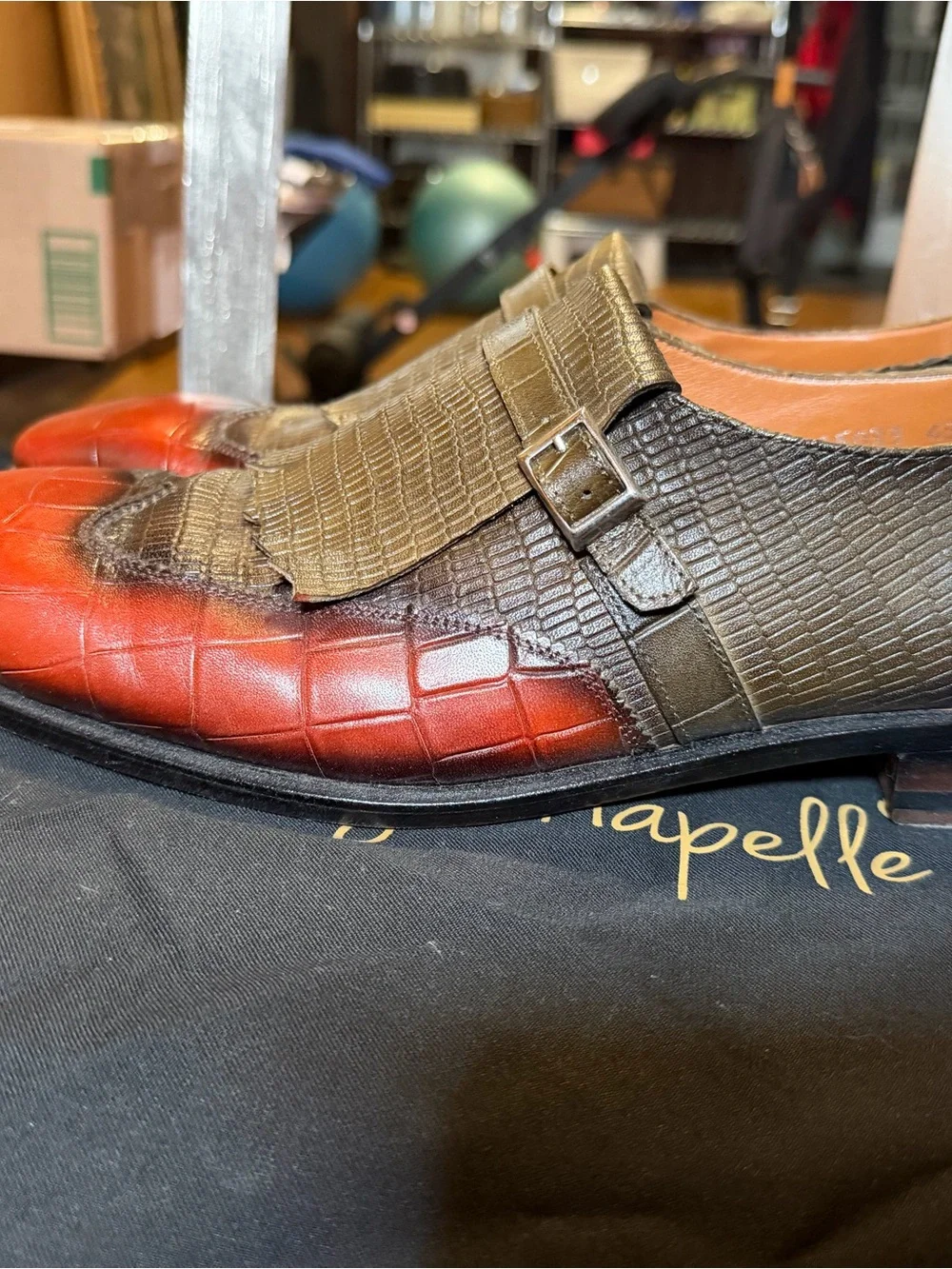 Men's Orange & Green Crocodile Print Calf Kiltie Monkstrap Slip-On Loafers